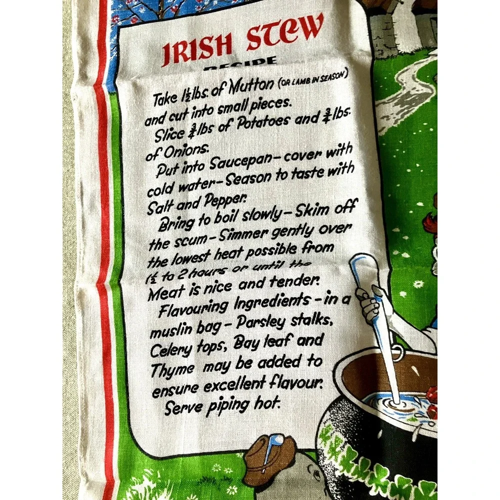 Nelson Pure Linen Tea Towel Irish Stew  Leprechaun Anthropomorphic Potato Onion